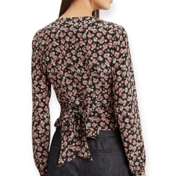 INTERMIX 100% Silk Floral Blouse Black V-Neck P/S - Picture 4 of 14